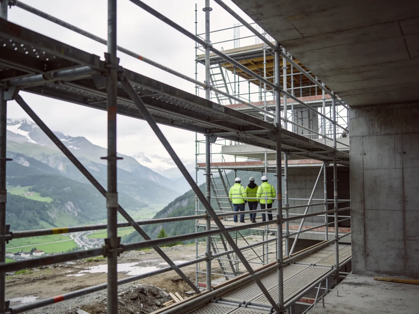 Équipe au travail sur une dalle en béton