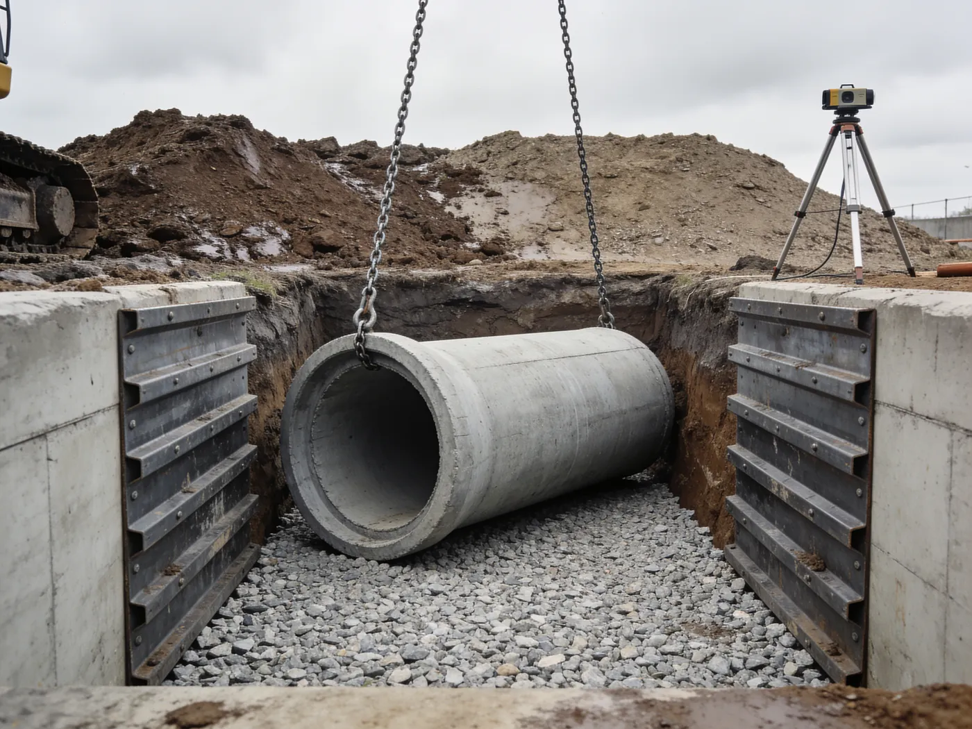 Pose d'une canalisation en tranchée blindée
