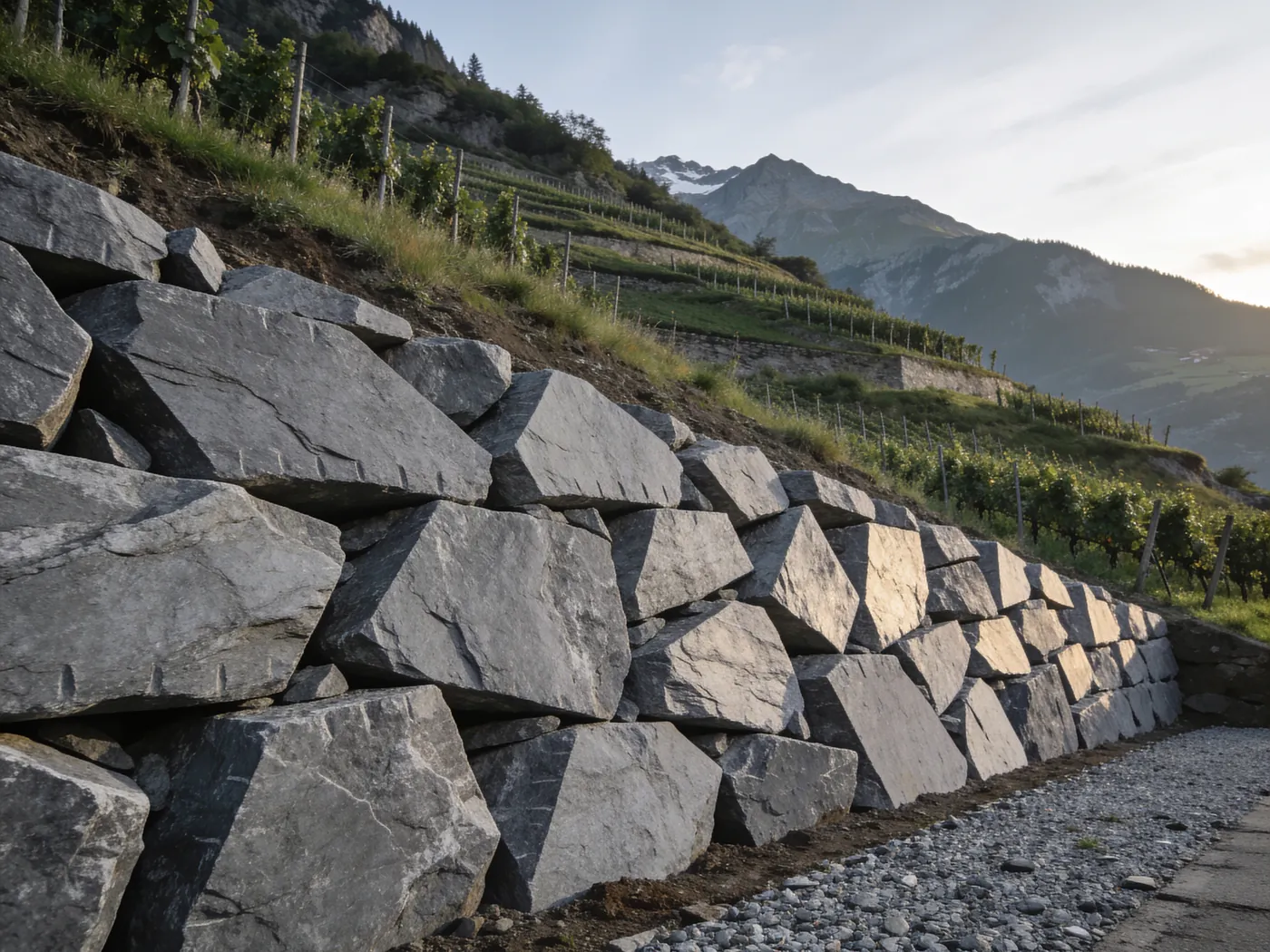 Enrochement de gros blocs de pierre retenant un talus alpin