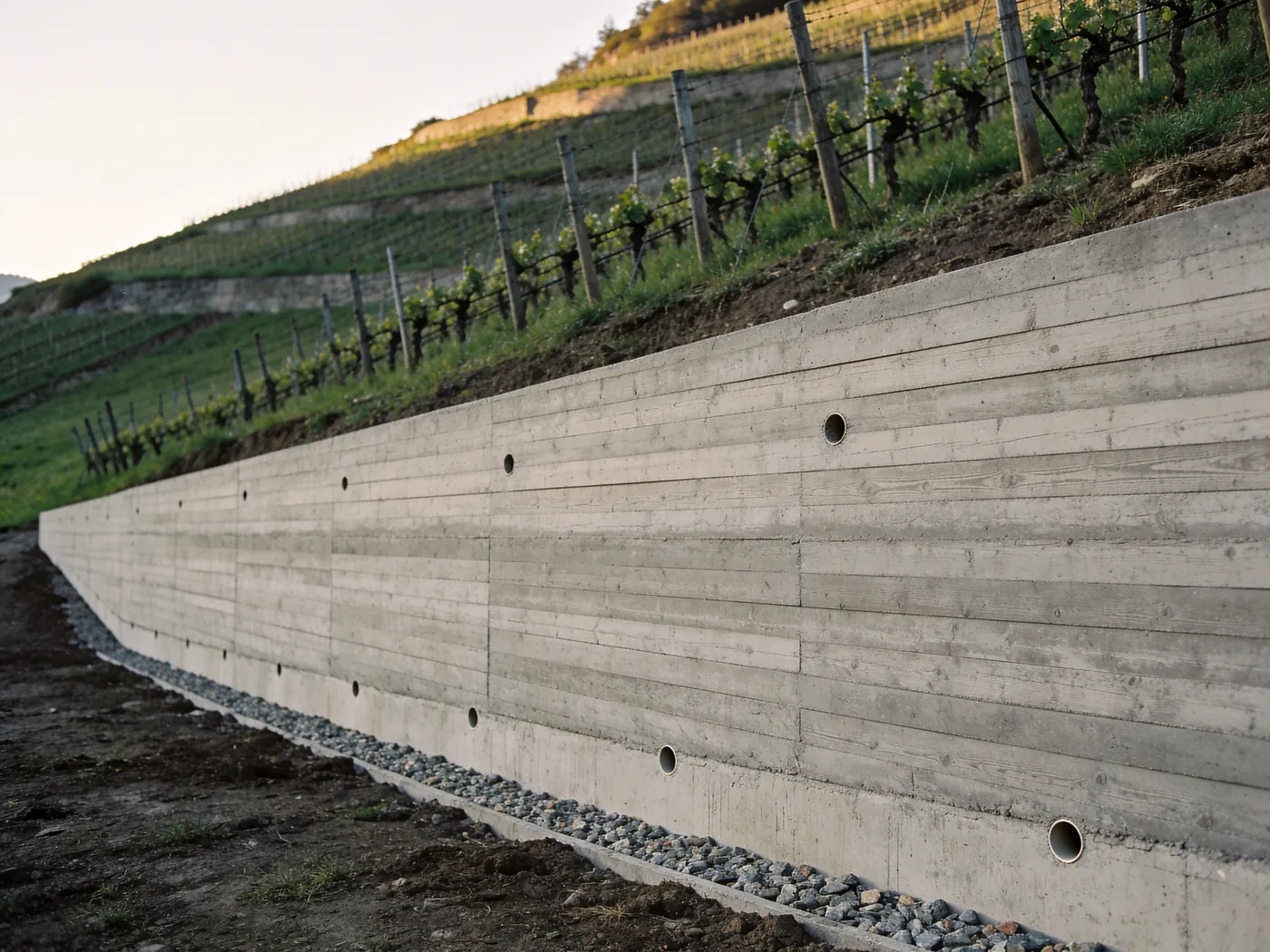 Mur de soutènement en béton armé banché, dans une pente de vigne valaisanne